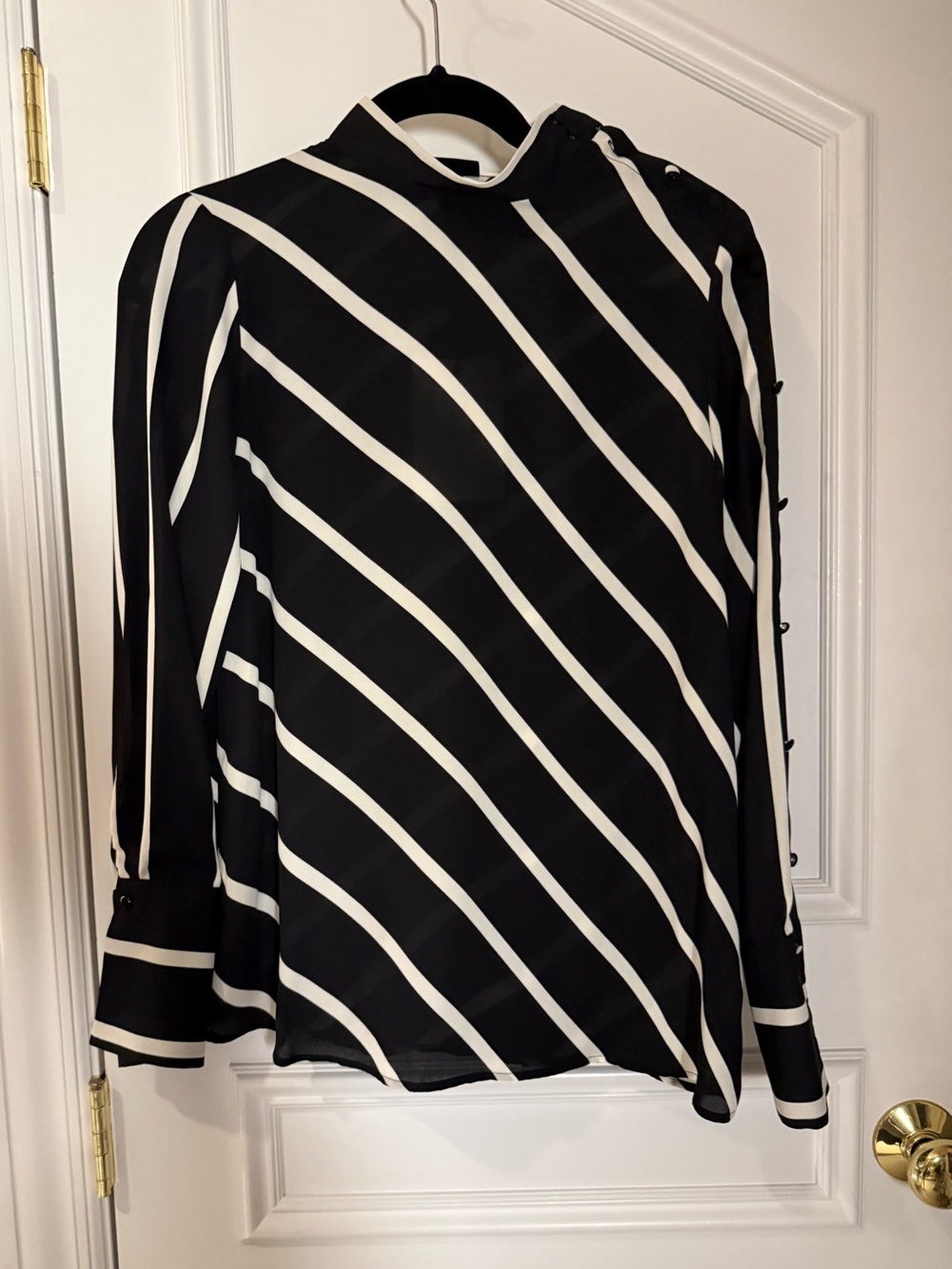 NWT Who What Wear Black Ivory Striped Button Sleeve Blouse S